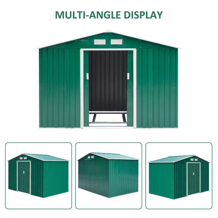 Large Metal Garden Shed with Lock - 9x6 FT Outdoor Patio Tool Storage Building with Foundation - Secure Green Shed for Garden Equipment and Furniture