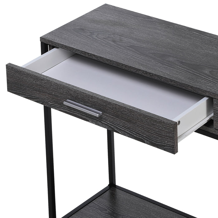 Industrial-Style Console Table with Storage - Grey Wood Tone Effect, Two Drawers, and Bottom Shelf - Elegant Addition for Home Organization and Decor