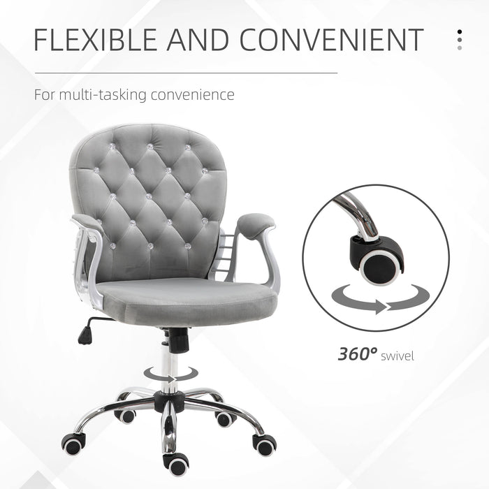 Ergonomic 360° Swivel Office Chair - Diamond Tufted Velour with Padded Base & 5 Castor Wheels - Comfortable Seating for Home Office Workers in Grey