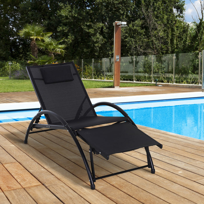 Adjustable Half Circle Sun Lounger with Armrest - Black Aluminium Frame and Textline Seat, Head & Footrest for Garden Patio - Includes Comfy Pillow for Outdoor Relaxation