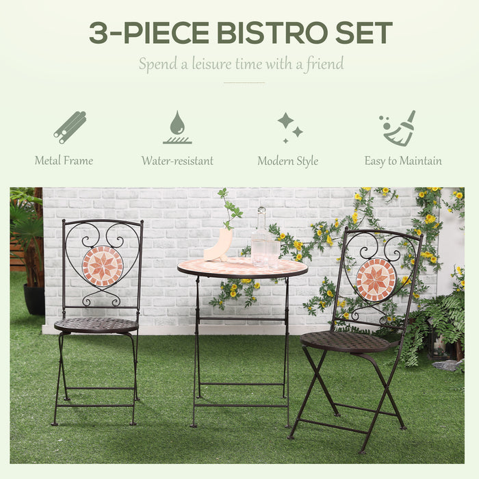 3 Piece Mosaic Bistro Set - Folding Chairs & Round Table, Yellow Mosaic Design - Perfect for Balcony & Poolside Outdoor Seating