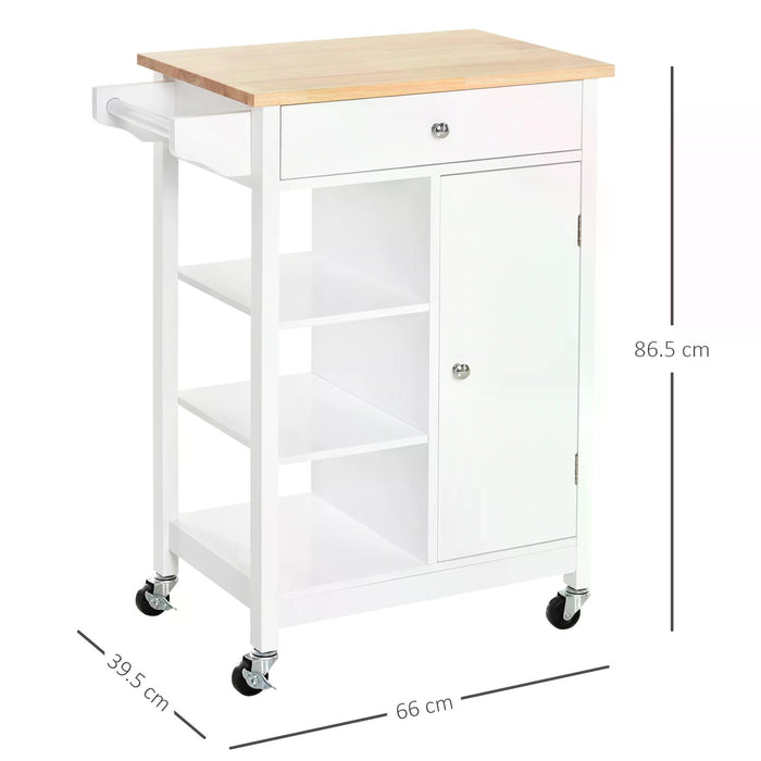 Kitchen Storage Trolley with Wooden Top - 3-Tier Shelving, Cupboard, Drawer, and Towel Rail on 4 Casters - Space-Saving, Mobile Organizer for Home Chefs