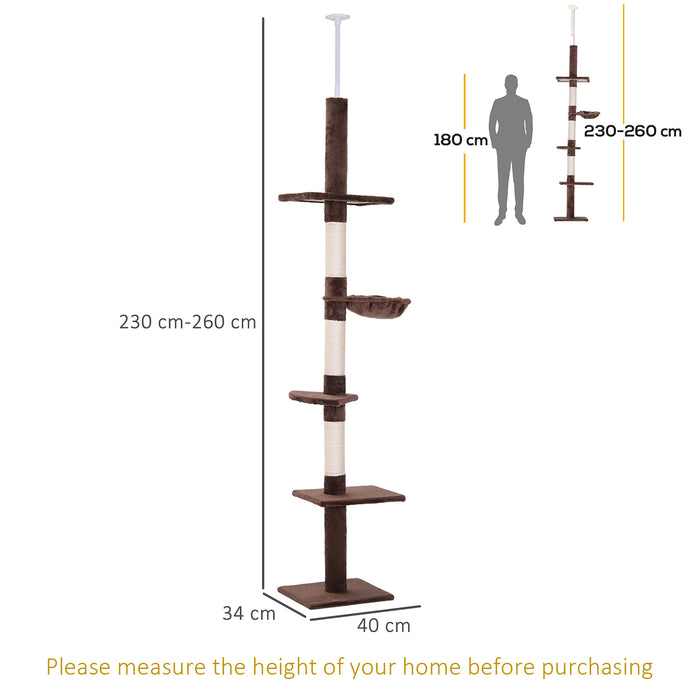 5-Tier Floor to Ceiling Cat Tree - Tall Climbing Activity Center with Scratching Post, Adjustable 230-260cm - Ideal for Playful Cats and Kittens