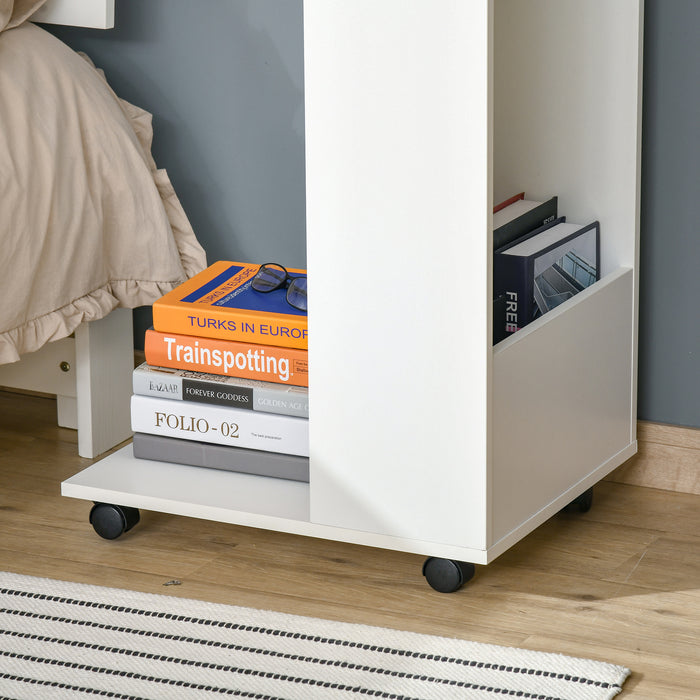 C-Shape Sofa Side Table with Storage - Mobile End Table on Casters for Laptop and Snacks, White - Ideal for Small Spaces and Convenient Living Room Access