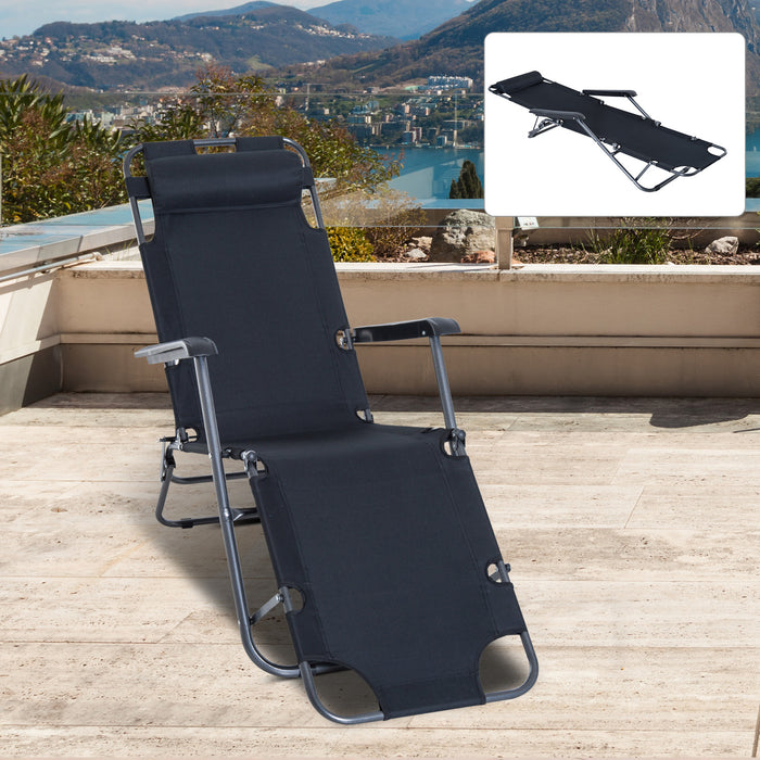 Folding Sun Lounger with Recliner - 2-in-1 Adjustable Back, Garden & Outdoor Chair with Pillow - Ideal for Camping and Relaxation (Black)