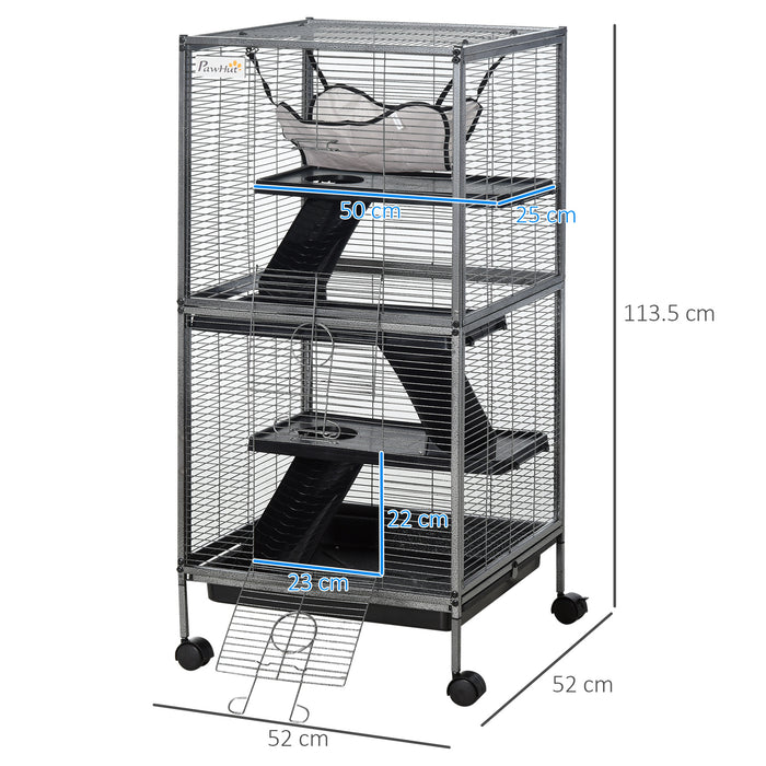 Deluxe Wheeled Small Animal Habitat - Chinchilla, Ferret & Kitten Friendly Cage with Hammock & 4 Platforms - Includes Removable Tray for Easy Cleaning