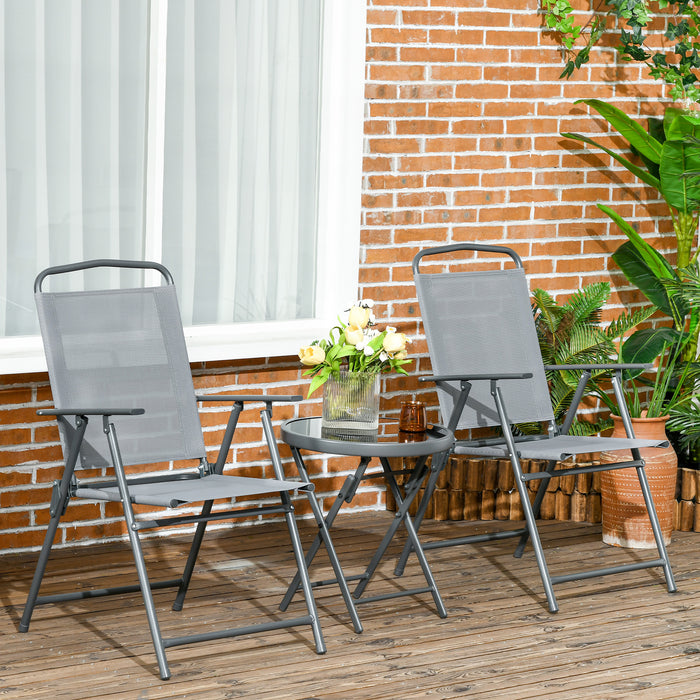 Outdoor Bistro Set with Glass Top Coffee Table - 3-Piece Foldable Armchairs in Light Grey for Patio Dining - Ideal for Garden Conversations and Relaxation