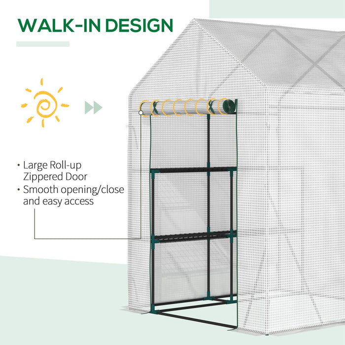 Portable Walk-In Greenhouse - with 2-Tier Shelving, Roll-Up Zippered Door & Durable PE Cover, 143x143x195 cm - Ideal for Garden Plant Growing and Protection