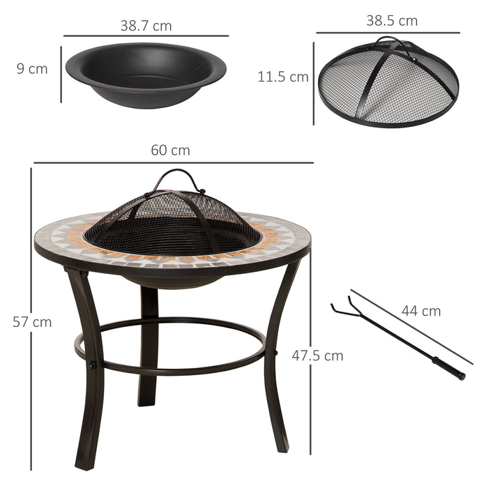 Outdoor Mosaic Fire Pit Table 60cm - Spark Screen Cover, Round Design, Fire Poker Included - Ideal for Garden Bonfire Gatherings