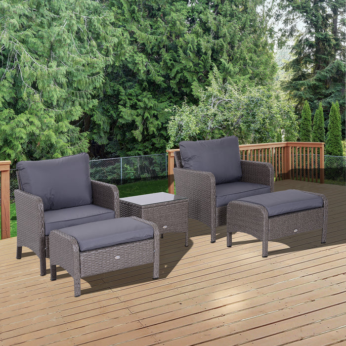 2 Seater Rattan Garden Lounge Set - Wicker Weave Sofa and Chair with Footstool, Coffee Table, Thick Cushions in Dark Grey - Ideal for Patio, Conservatory or Garden