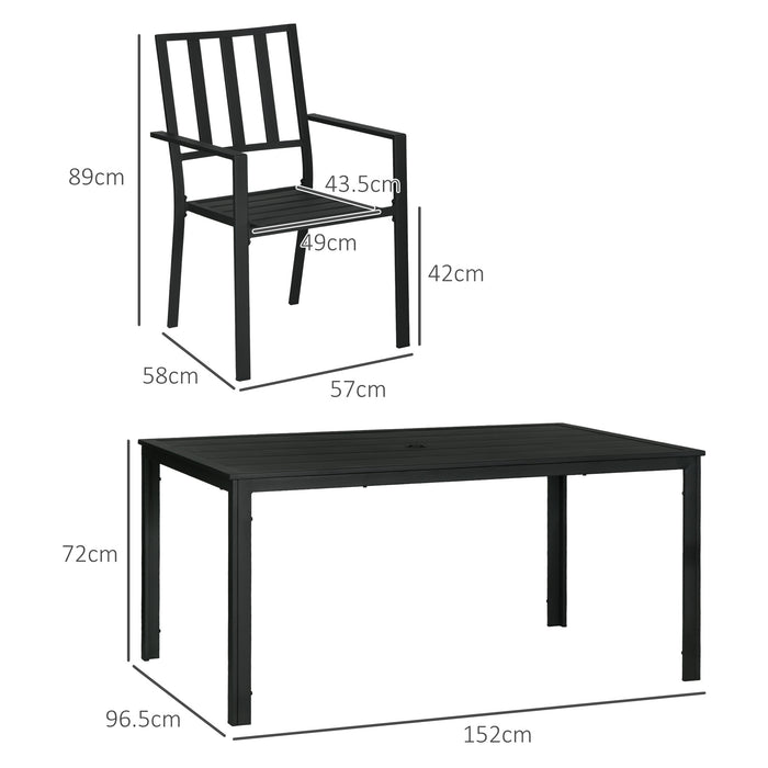 7-Piece Garden Dining Set - Outdoor Metal Table with Umbrella Hole & 6 Stackable Chairs - Ideal for Patio Dining and Entertaining