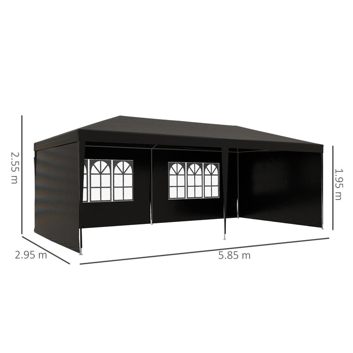 Outdoor Party Tent Gazebo - 6x3m Marquee with Windows & Side Panels, Patio Canopy Shelter - Ideal for Gatherings & Events, Black