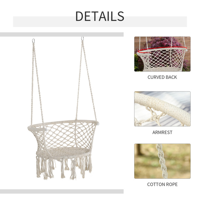 Cotton Rope Hammock Chair with Sturdy Metal Frame - Large Macrame Porch Swing with Cushion for Patio, Garden, Bedroom - Cream White Comfortable Seating Solution