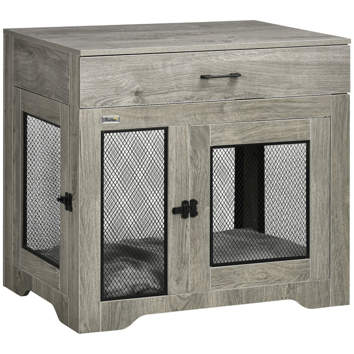 Indoor Dog Crate Cabinet with Comfort Cushion - Dual-Entrance Pet Kennel and Side Table with Storage Drawer for Medium Dogs - Stylish Home Accessory for Pet Owners