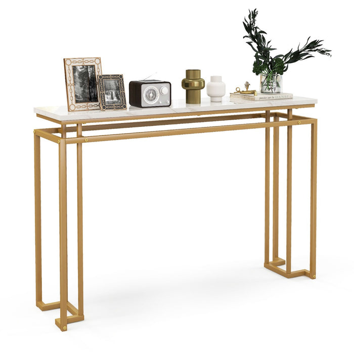 Gold Frame Console Table - Faux Marble Tabletop, Geometric Metal Design - Perfect for Stylish Home Decor and Functional Furniture Piece