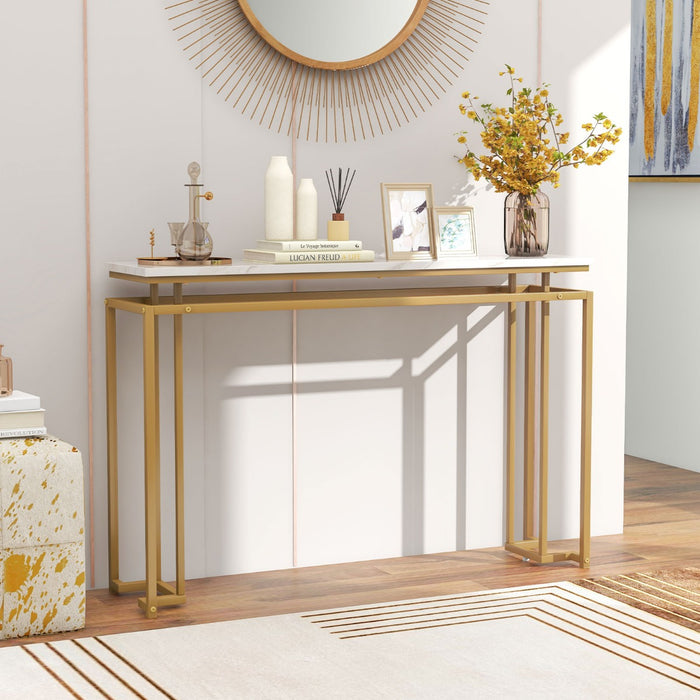 Gold Frame Console Table - Faux Marble Tabletop, Geometric Metal Design - Perfect for Stylish Home Decor and Functional Furniture Piece