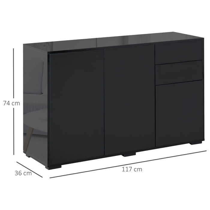 High Gloss Sideboard Side Cabinet - Contemporary Push-Open Storage with Double Drawers - Ideal for Living Room and Bedroom Organization, Elegant Black Finish