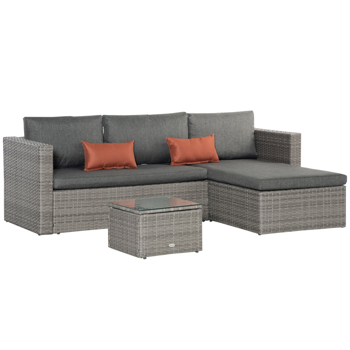 3-Piece PE Rattan Sofa Set - Outdoor Patio Corner Wicker Conversation Chaise Lounge with Tempered Glass Tabletop & Grey Cushions - Ideal for Garden Deck Entertainment