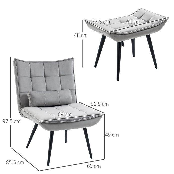 Modern Tufted Upholstered Armless Accent Chair - Includes Footstool and Pillow, Steel-Legged Lounge Set, Grey - Perfect for Relaxation and Home Decor Enhancement