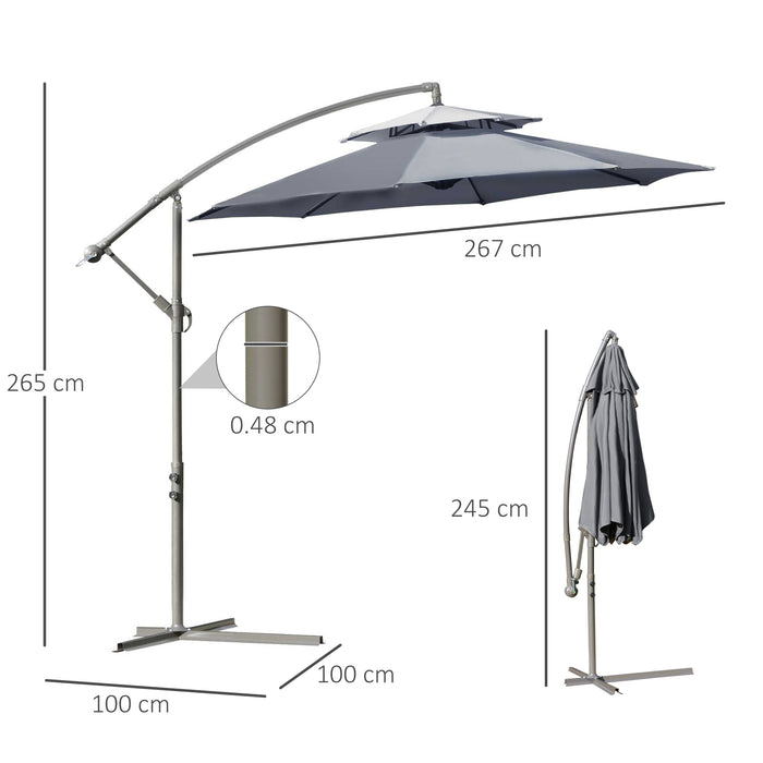 Garden Banana Parasol 2.7m Cantilever Umbrella - Double Tier Canopy, Crank Handle, and Cross Base Outdoor Sun Shade - Ideal for Patios and Backyards, Dark Grey