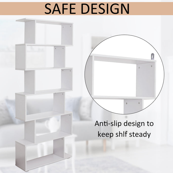 6-Tier S-Shaped Wooden Bookshelf - Open Concept Display & Storage Unit, White Finish - Ideal for Home Office and Living Room Organization