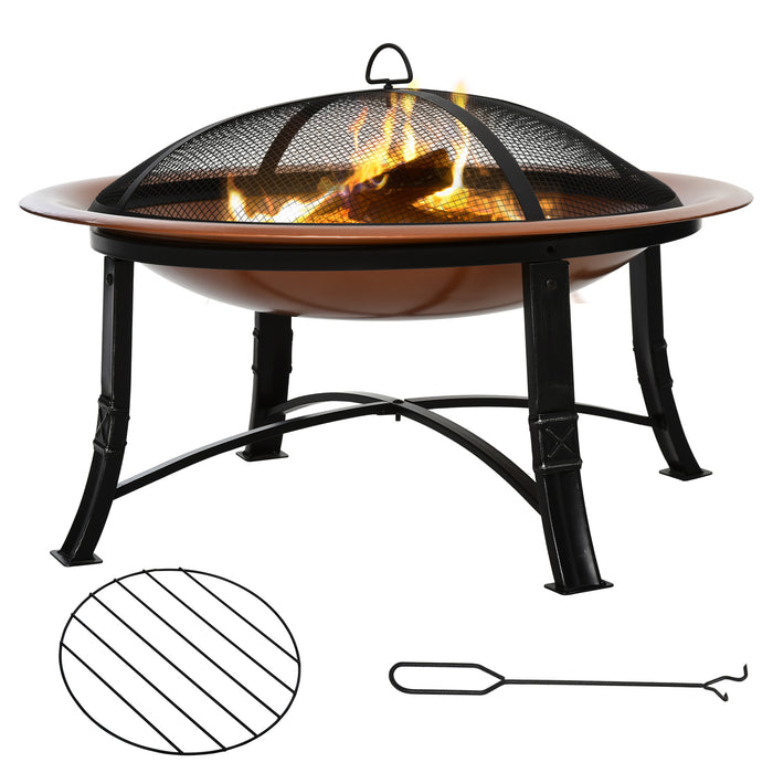 Extra-Large Bronze Metal Firepit Bowl with Lid - Outdoor Round Fire Pit, Includes Log Grate and Poker - Ideal for Backyard Camping and Picnics