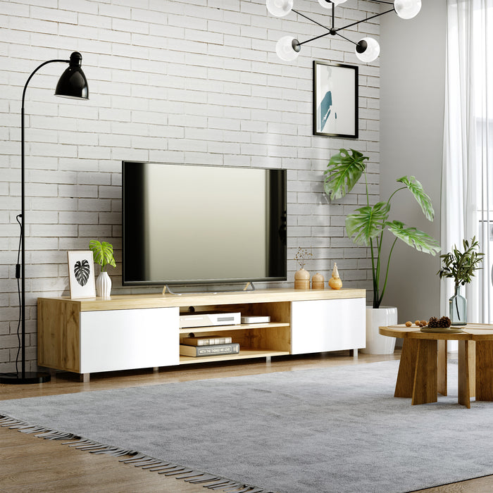 Modern 90-Inch TV Stand - Oak and White Entertainment Center with Storage Drawer and Shelving - Ideal for Living Room and Bedroom Media Organization