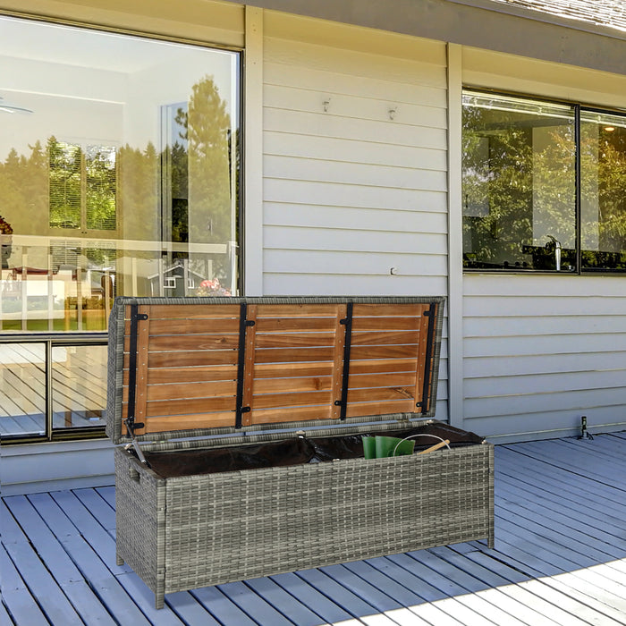 Outdoor Garden Bench with Storage - PE Rattan Wicker Patio Deck Box with Natural Wood Lid - Ideal for Poolside Tools and Accessories Organization in Mixed Grey