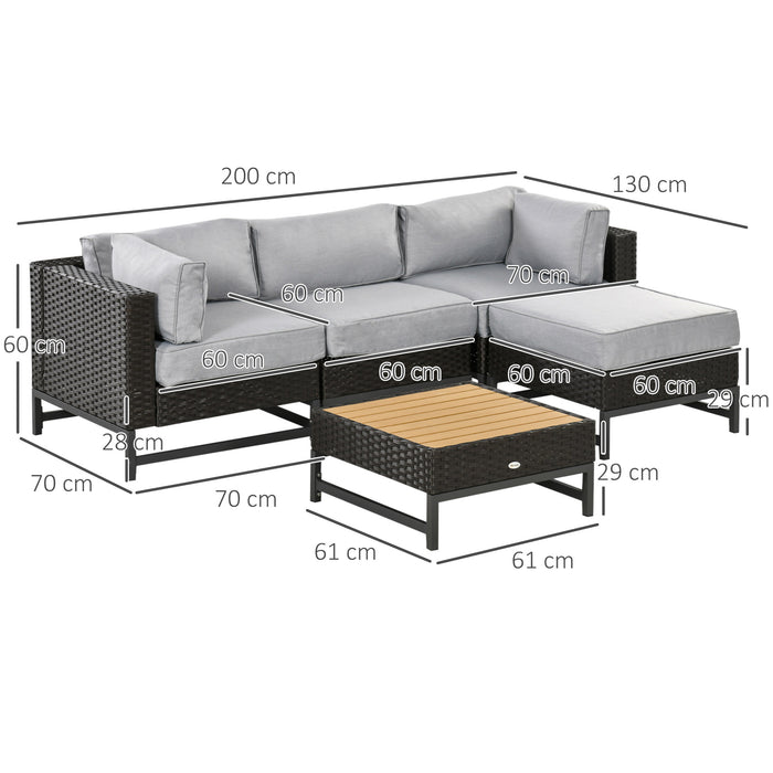 Outdoor PE Rattan 5-Piece Corner Sofa Set - Patio Wicker Woven Garden Lounge Furniture with Thick Padded Cushions - Includes Wood Grain Plastic Top Coffee Table for Backyard Comfort