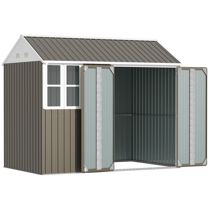 Galvanised Metal Garden Shed 8x6 ft - Outdoor Storage with Double Doors, Window, Air Vents - Ideal for Patio and Lawn Equipment, Grey Color