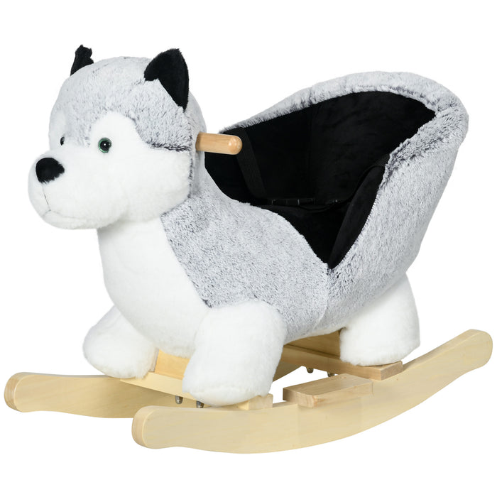 Husky Plush Wooden Rocking Horse - Toddler Safe Ride-On Toy with Seat Belt for Kids 18-36 Months - Gentle Rocking Animal for Developing Balance and Coordination