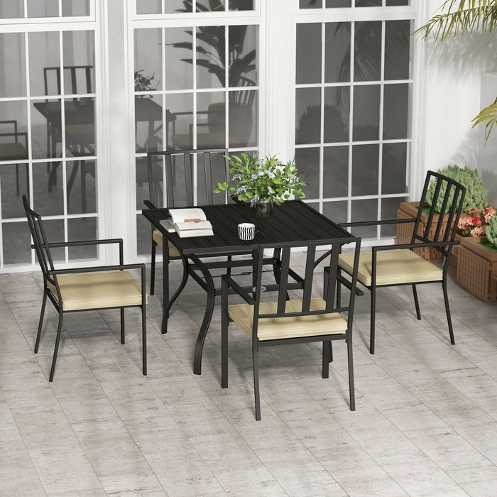 Outdoor 5-Piece Dining Set - Garden Table with Metal Top and Umbrella Hole, 4 Stackable Chairs with Cushions - Ideal for Patio Hosting and Family Meals