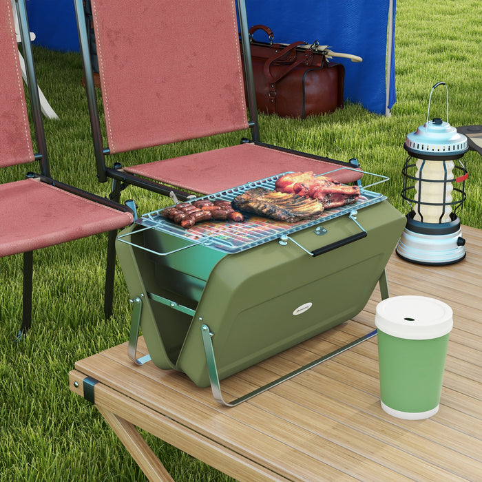 Foldable Mini Charcoal BBQ Grill in Green - Compact Suitcase Design for Easy Transport - Ideal for Picnics, Camping and Outdoor Cooking