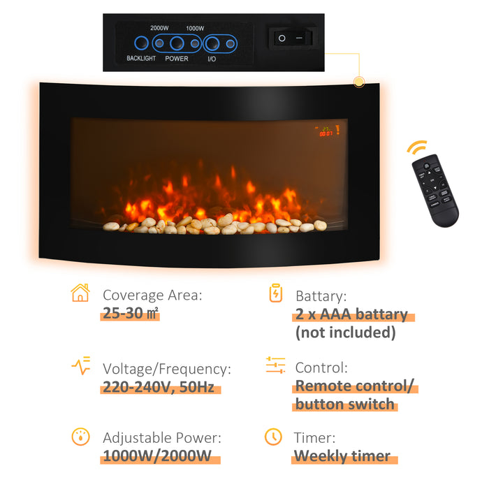 Curved Glass LED Electric Fireplace with 7 Colour Side Lights - Wall Mounted, Slimline Design, 1000/2000W Heating - Enhances Ambiance for Modern Homes, Size 89.2cm x 48cm