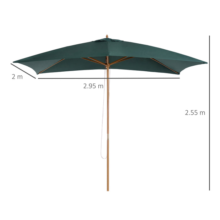 Wooden Garden Patio Umbrella - 295x200x255cm Large Parasol in Dark Green - Ideal Sun Shade for Outdoor Entertainment Spaces