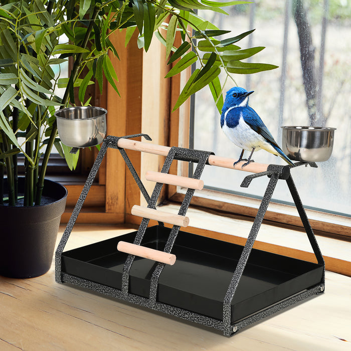 Sturdy Portable PlayStand for Birds - Includes Wood Perch, Ladder & Feeding Cups - Ideal for Macaw, Parrot & Conure Training and Entertainment