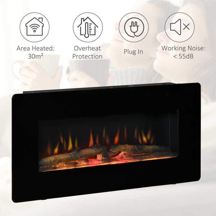 Electric Wall-Mounted Fireplace Heater - Adjustable Flame, Remote, Timer, 1800/2000W Power in Black - Cozy Ambiance for Home Heating