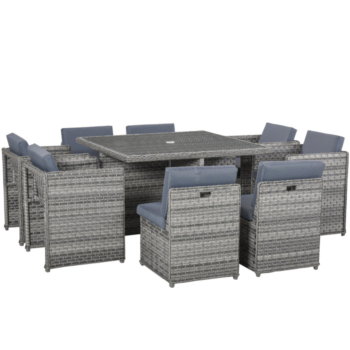 8-Seater Rattan Dining Set - Patio Garden Wicker Cube Sofa with Umbrella Hole Table, Mixed Grey - Perfect for Indoor & Outdoor Entertaining