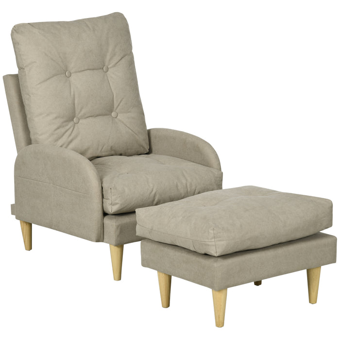 Modern Beige Upholstered Armchair and Footstool Set - Button Tufted Accent Chair with Adjustable Backrest, Cushions, Wooden Legs, and Side Pockets - Comfortable Seating Solution for Living Room or Reading Nook