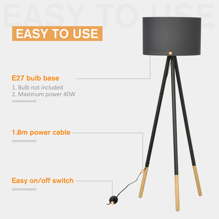 Steel Tripod Floor Lamp, 153cm - Modern Grey Fabric Shade, Foot Switch Operation - Ideal Lighting Solution for Office & Bedroom