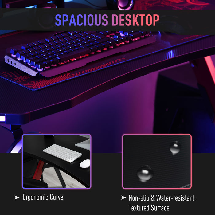 Ergonomic Racing-Style Gaming Desk - RGB LED-illuminated Workstation with Accessories Hook, Cup Holder, & Controller Rack - Ideal for Home Office and Gamers