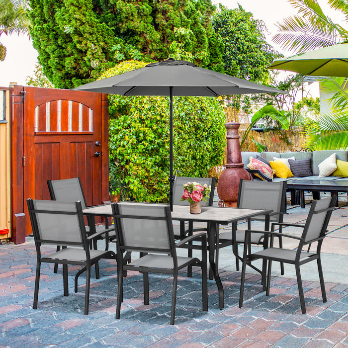 7 Piece Garden Dining Set - Outdoor Patio Furniture with Armchairs, Parasol Hole Table, Texteline Seats - Perfect 6 Seater Set for Backyard Comfort, Grey