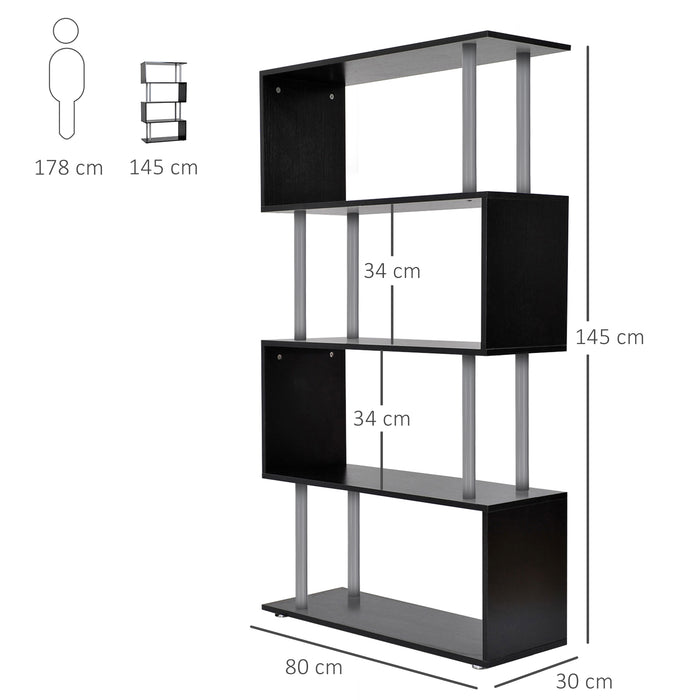 S-Shape Wooden Bookshelf - Versatile Storage and Display Unit in Black - Ideal for Book Lovers and Space Saving