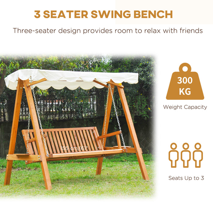 3-Seater Wooden Garden Swing Seat - Outdoor Hammock Bench with Cream White Cushion - Relaxing Yard Furniture for Adults and Kids