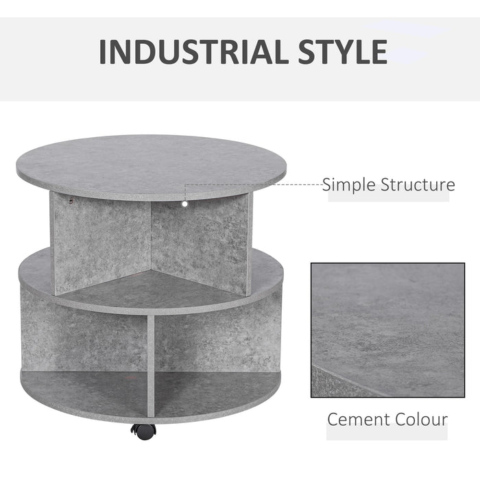 Round 2-Tier Side Table with Divided Shelves - Mobile Coffee and Tea Storage Unit in Cement Finish - Space-Saving Organizer for Living Room