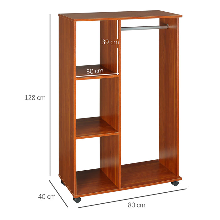 Open Wardrobe with Hanging Rail and Storage Shelves - Mobile Bedroom Clothing Organizer in Walnut Finish - Space-Saving Solution for Clothes and Accessories