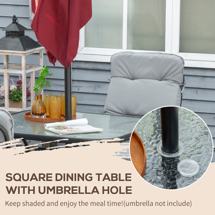 5-Piece Garden Dining Set - Outdoor Square Table with Tempered Glass Top and Umbrella Hole, 4 Cushioned Armchairs - Ideal for Patio Entertaining and Family Meals