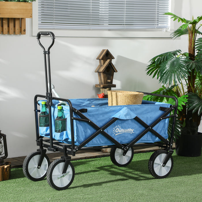 Folding Garden Trolley Cart with Telescopic Handle - Heavy-Duty Cargo Wagon Trailer for Outdoor Use - Ideal for Beach and Gardening Tasks, Blue