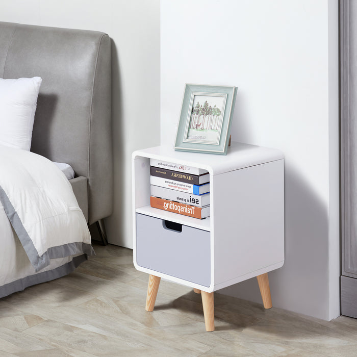 Scandinavian-Inspired Nightstand - 40x38x58 cm Minimalist Bedside Table in White, Grey, & Natural Wood Tones - Ideal for Modern Bedroom Decor & Storage Convenience