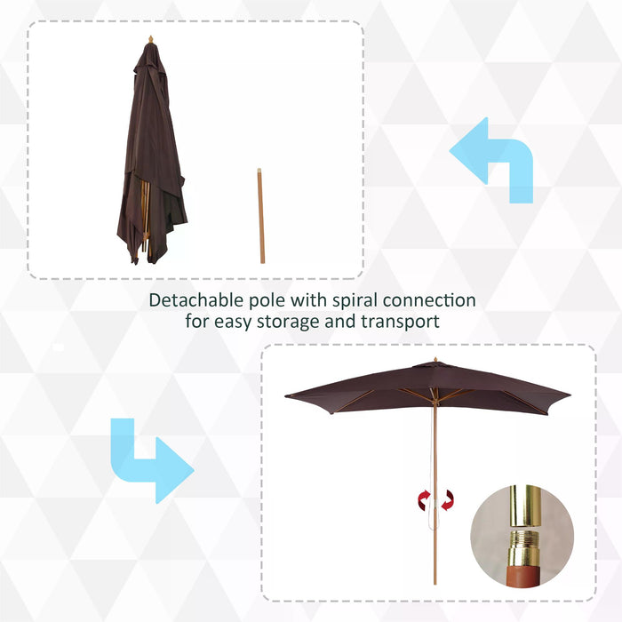 Wooden Garden Parasol - Dark Coffee 2x3m Outdoor Sun Umbrella with Canopy Shade - Ideal for Patio, Deck, and Poolside Relaxation